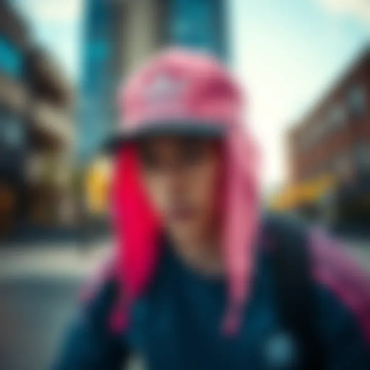 The Pink Adidas Hat in Action Skater wearing a pink Adidas hat in an urban skatepark