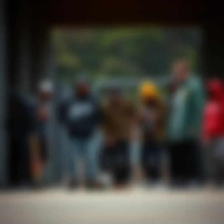 A group of skaters discussing and showcasing their drip clothing choices