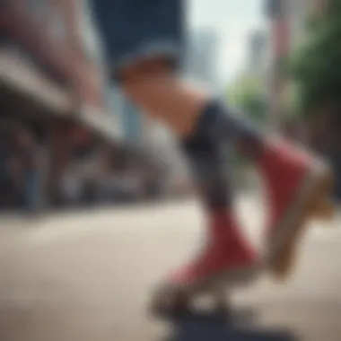 A group of skaters showcasing unique sock styles