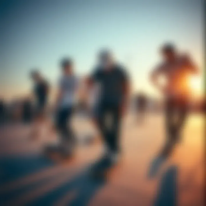 A group of skaters wearing No Skool Vans during a skate session.