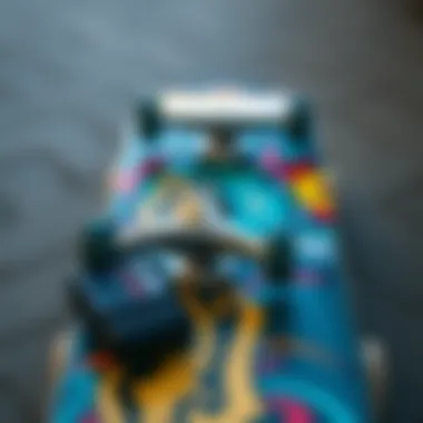 Skateboard deck adorned with graphics and Spitfire conicals on display