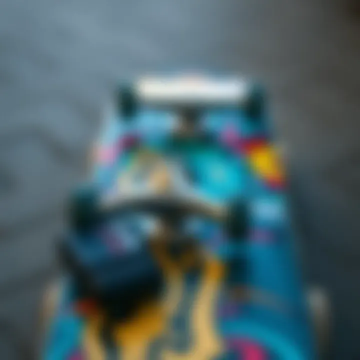 Skateboard deck adorned with graphics and Spitfire conicals on display