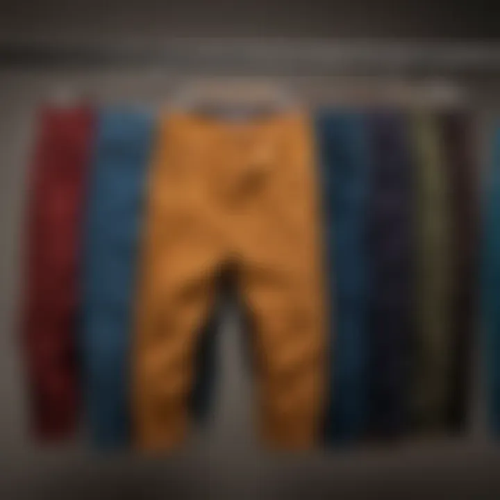 Various styles of corduroy skater pants displayed on a rack.