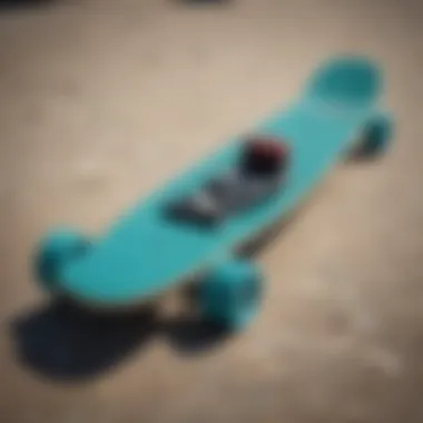 Different angles of the teal penny board highlighting its functional features and materials.