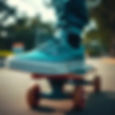 Stylish teal Vans on a skateboard