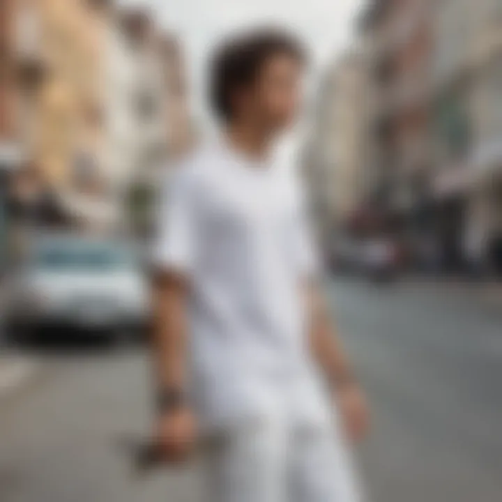 Skateboarder showcasing a white tie dye t-shirt in an urban environment.