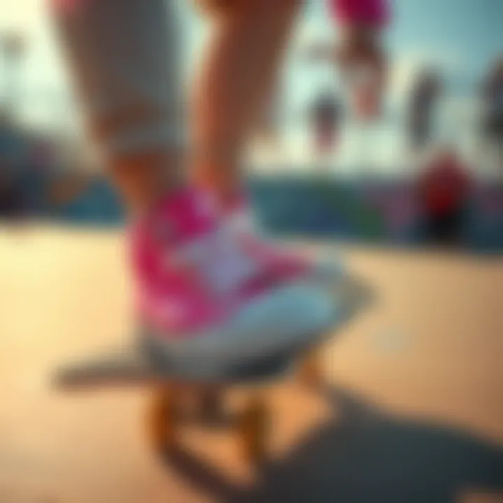 Skateboarder wearing pink Converse with hearts in a vibrant skate park