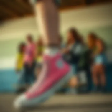 Group of skateboarders showcasing their pink Converse with hearts