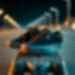 A pair of sleek all black skater vans resting on a skateboard.