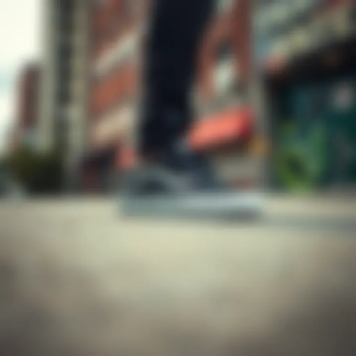 Urban landscape with black Vans shoes in focus