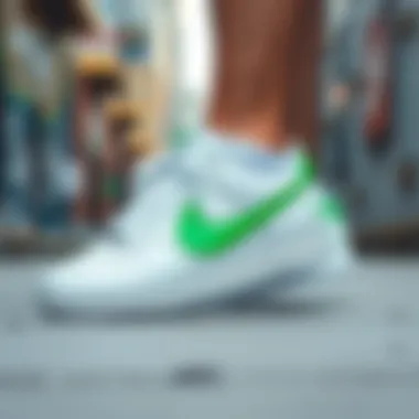 Urban setting showcasing white Nikes with a green swoosh