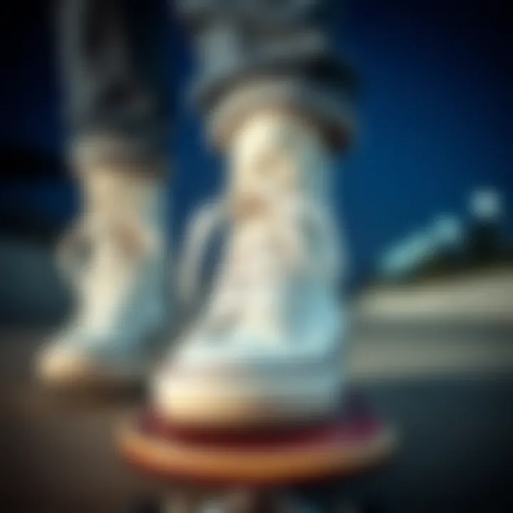 Elegant display of white tall Converse shoes on a skateboard