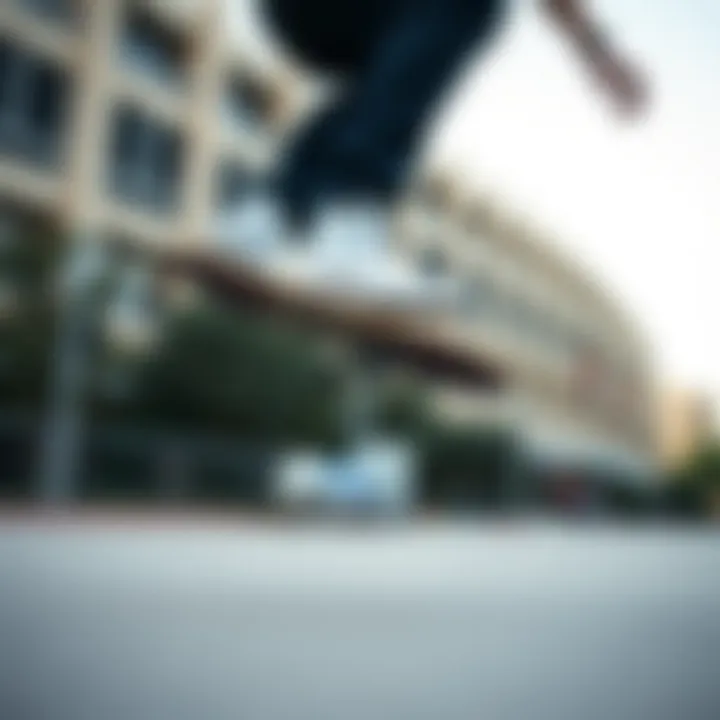 Skateboarder performing tricks wearing white tall Converse