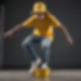 A stylish banana bucket hat worn by a skateboarder performing a trick