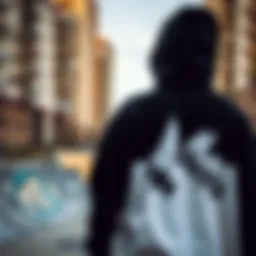 Bold black and white graphic hoodie showcased in an urban skate park