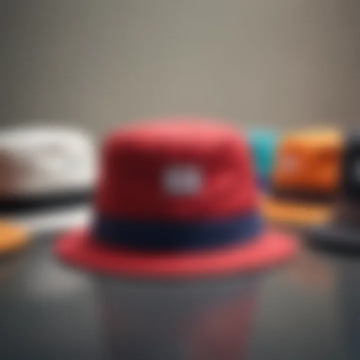 An iconic bucket hat in various vibrant colors displayed against a minimalist backdrop