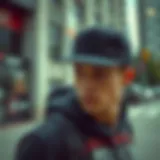 A stylish Brixton snap cap worn by a skateboarder in an urban setting