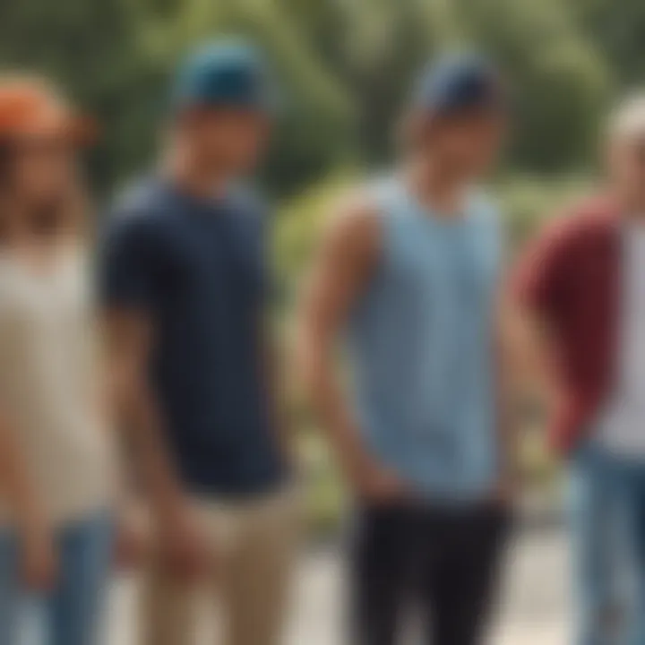 A group of skateboarders at a park, all wearing different snapback hats.