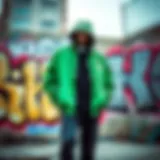 A striking green Members Only jacket displayed against a graffiti background
