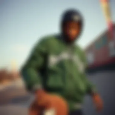 Skateboarder wearing a green Members Only jacket at a skatepark