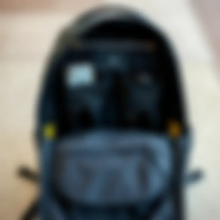 An organized view of a binding backpack’s interior, revealing compartments meant for skate gear and essentials.