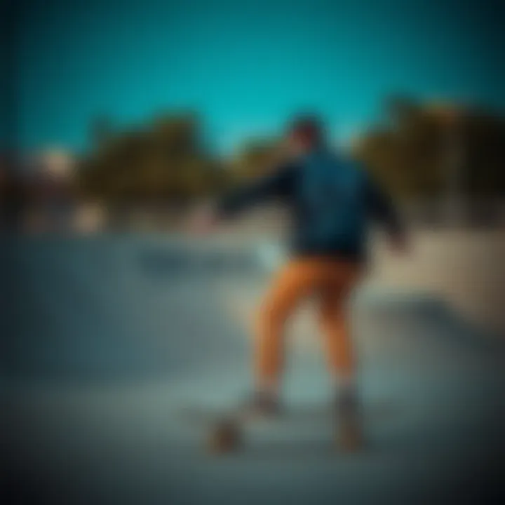 A skateboarder in action at a skate park, with a binding backpack secured tightly, demonstrating mobility.