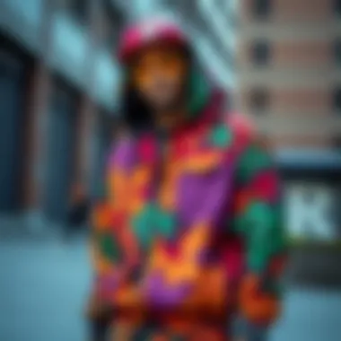 A vibrant skateboarding outfit featuring bold colors and unique patterns.