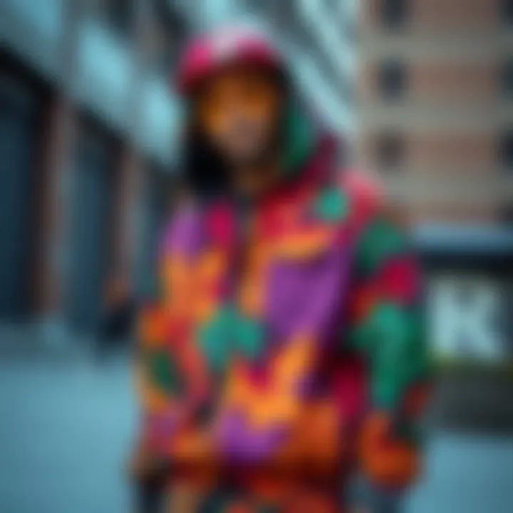 A vibrant skateboarding outfit featuring bold colors and unique patterns.