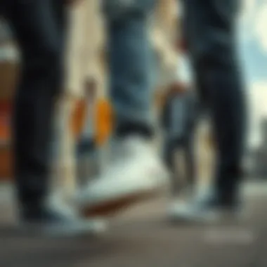 A group of friends wearing Chuck Taylor shoes in a urban setting