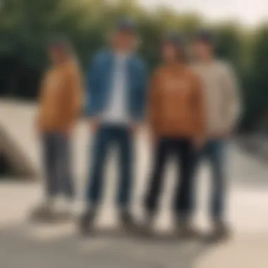 A group of young skaters showcasing their Dickies outfits in an urban skatepark setting.