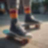 Colorful crew socks paired with skate shoes on a skateboard