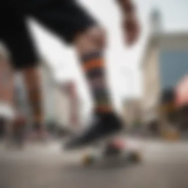 A skateboarder performing tricks with vibrant crew socks on display