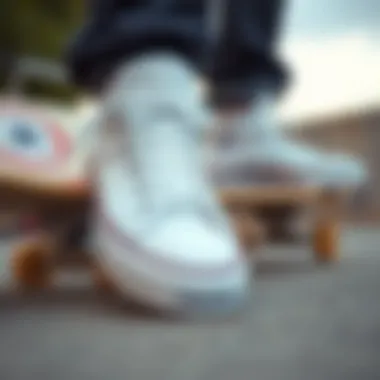White Hi Lift Converse on Skateboard A close-up view of white hi lift Converse shoes on a skateboard