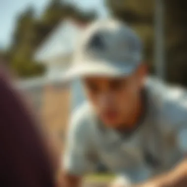 A close-up view of a skateboarder wearing a functional hat while skating