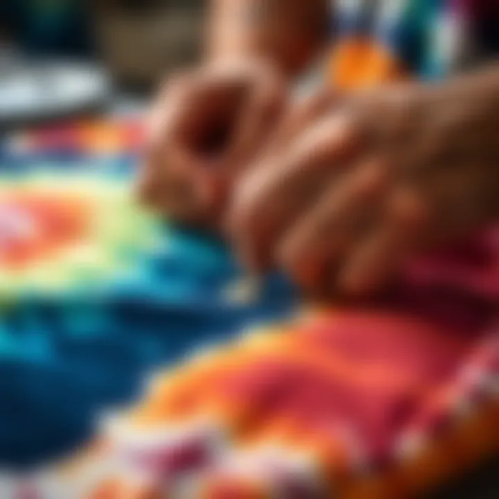 Close-up view of the dyeing technique used in tie-dye fashion illustrating craftsmanship.