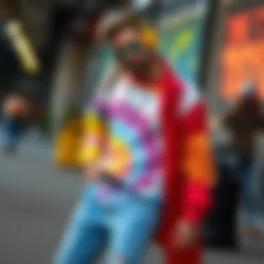 A styled outfit featuring tie-dye jeans paired with contemporary accessories.