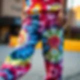 A vibrant pair of tie-dye jeans with intricate patterns showcasing modern streetwear trends.