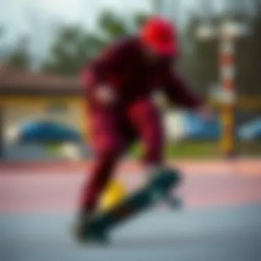 Vertical view of a skater performing tricks in red check gear