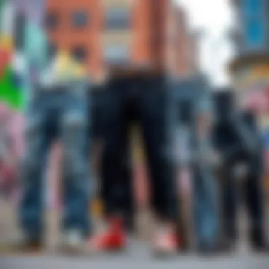 A collection of various styles of skater ripped jeans displayed on a vibrant urban backdrop.
