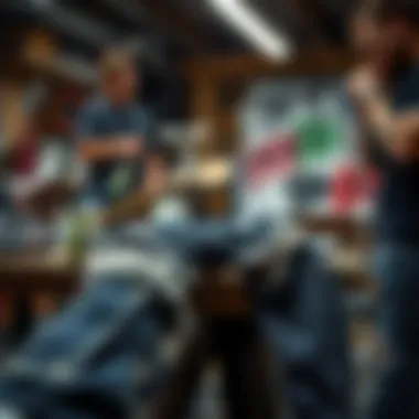 A creative workshop scene where skateboarders customize their ripped jeans with patches and designs.