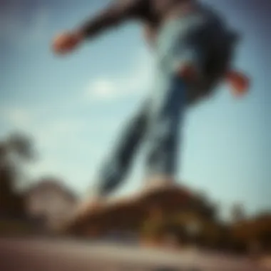 A skateboarder performing tricks while wearing iconic ripped jeans, emphasizing movement and style.