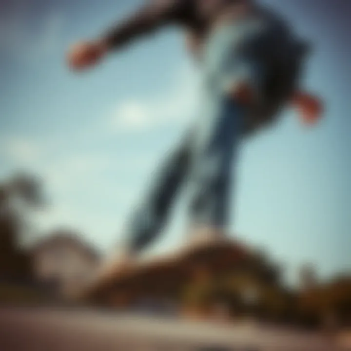 A skateboarder performing tricks while wearing iconic ripped jeans, emphasizing movement and style.