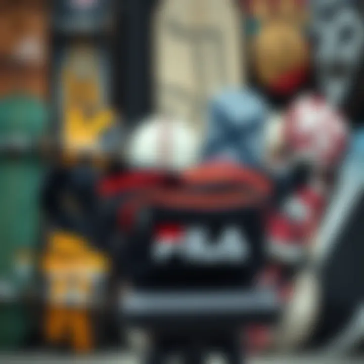 A stylish Fila fanny pack showcased against a backdrop of skateboards