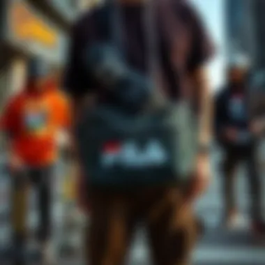 A group of skateboarders wearing Fila fanny packs in an urban setting