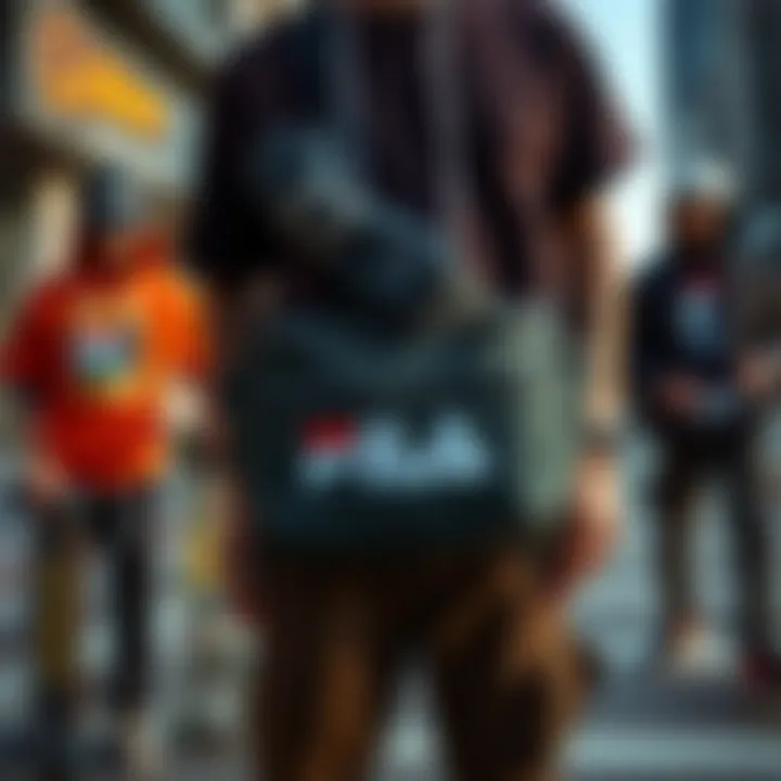 A group of skateboarders wearing Fila fanny packs in an urban setting