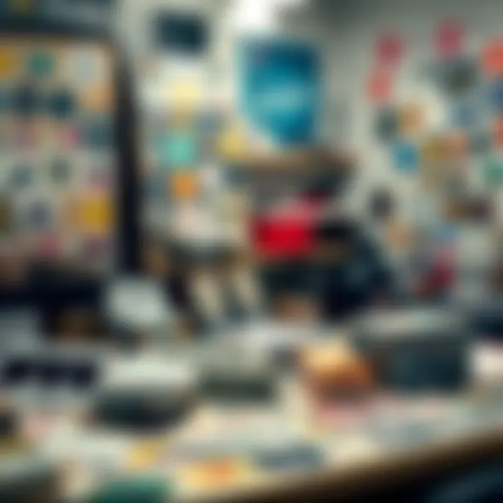 A creative workspace filled with sticker designs and branding materials