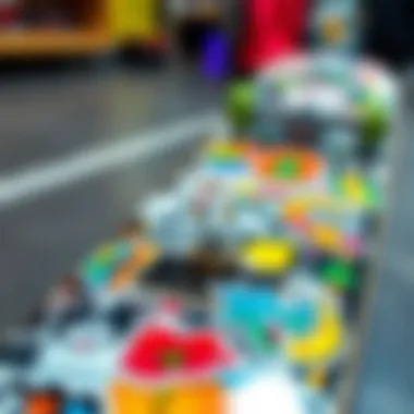 A vibrant collection of artistic stickers showcased on a skateboard