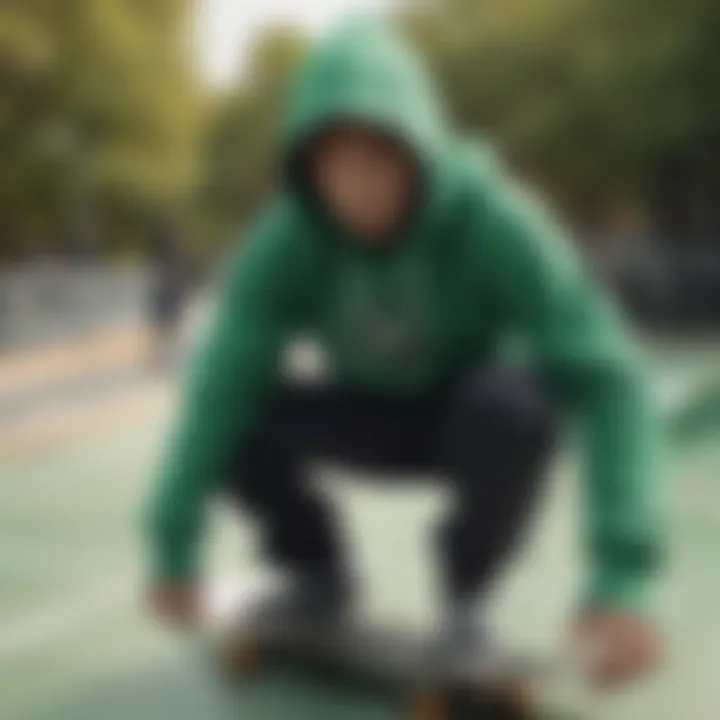 A skateboarder wearing the green spider hoodie in action at a skate park.