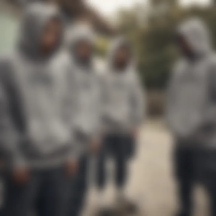 A group of skaters gathered, all wearing grey Primitive hoodies, symbolizing community.