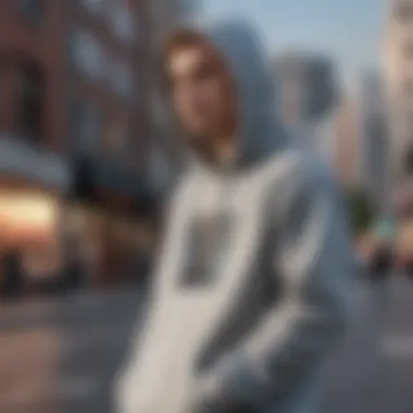 A skateboarder wearing the grey Primitive hoodie in an urban setting.